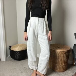 90s vintage white linen minimalist high waisted rise straight leg trousers pants
